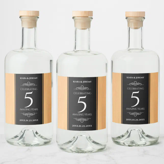 Elegant 5th Wood Wedding Anniversary Celebration Liquor Bottle Label