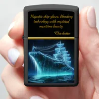 Majestic Ghost Ship Glows in the Nighttime Ocean Zippo Lighter