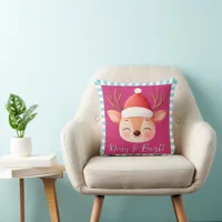 Cute Reindeer Christmas Pink & Blue Stripe Throw Pillow