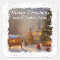 Snowy Christmas Trees Scene In Village Square Square Sticker