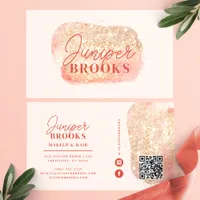 Coral Pink Social Media QR Code Gold Glitter Business Card