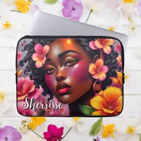 Pretty Lady of Color Pink Flowers Personalized Laptop Sleeve