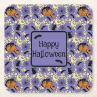 Cute Halloween Cats, Bats and Stars Square Paper Coaster