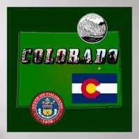 Colorado Picture Text, Flag, Seal, Quarter, Map Poster