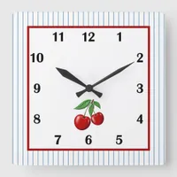 Red Cherry on Blue Stripes Square Wall Clock