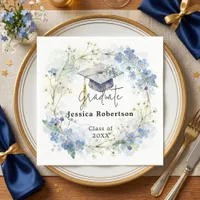 Watercolor Blue Floral Wreath Graduation Party Napkins