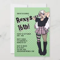 Punk Teen Girl Green Cartoon 16th Birthday Invitation