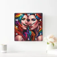 Colorful Twin Portrait With Bold Hair Square Wall Clock