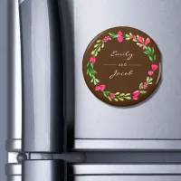 Elegant Pink Floral Wreath Brown Name of Couple Magnet