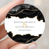 Black And Gold Marble Agate Modern Wedding Classic Round Sticker