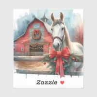 Watercolor White Horse and Festive Farm Christmas Sticker