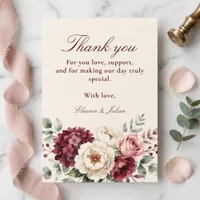 Watercolor Burgundy Blush Floral Wedding Thank You Card