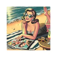 Retro Woman at Beach reading a Fashion Magazine Metal Print