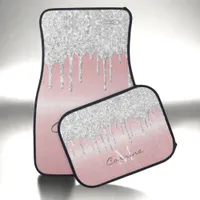 Monogram Metallic Blush Pink & Silver Glitter Drip Car Floor Mat