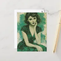 Retro Woman in a Green and White Polka Dot Dress Postcard