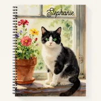 Watercolor Cat and Flowers on Window Sill   Notebook