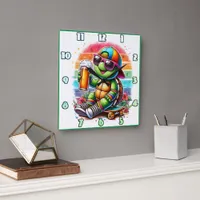 Turtle skateboarder sipping a drink outdoors square wall clock