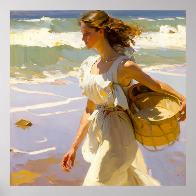 Girl Walking with Basket Along Shore on Sunny Day Poster