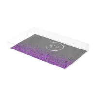 Silver initial monogram with purple glitter | acrylic tray