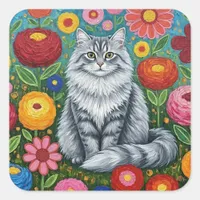 Fluffy Gray Striped Cat with Folk Art Flowers Square Sticker