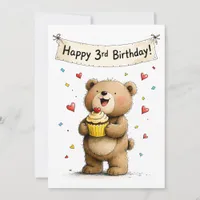 Cute Whimsical Teddy Bear Happy 3rd Birthday Flat Card
