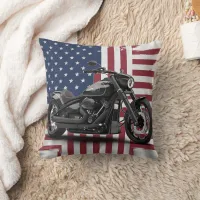 Bold motorcycle against the American flag backdrop Throw Pillow