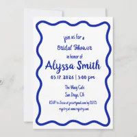 Hand Drawn Wavy Border Blue & White Bridal Shower Invitation
