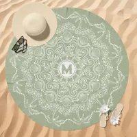 Palm Tree Seashell Mandala Monogram Sage Green Beach Towel