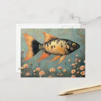 Beautiful Black Spotted Fish and Pink Flowers Postcard