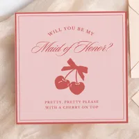 Chic Pink Bow & Cherry Maid of Honor Proposal Card