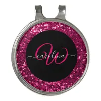 Stylish monogram pink glitter name black golf hat clip