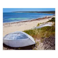 White Boat on Beach Golden Sands Blue Sea Photo Poster