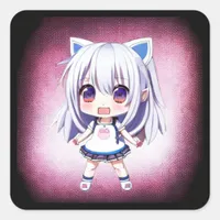 Cute Anime Girl with Cat Ears Headband Square Sticker
