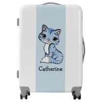 Custom Light Gray Accented Blue Cat with Big Eyes Luggage