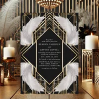 Art Deco Black and Gold Feather Wedding Invitation