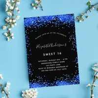 Sweet 16 black royal blue sparkles invitation