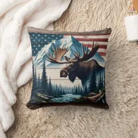 Majestic Moose in Front of Mountains and Flag Throw Pillow