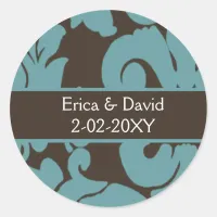 Brown Damask FAUX ribbon diamante design Classic Round Sticker