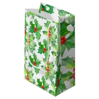 Holly Leaves, Berries, Red, Green Floral Christmas Small Gift Bag