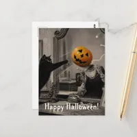Vintage Halloween Cat Knocks Jackolantern Head off Postcard