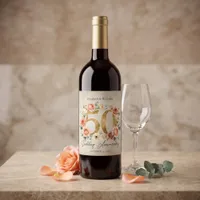 Watercolor Pink Bouquet Gold 50th Anniversary Wine Label