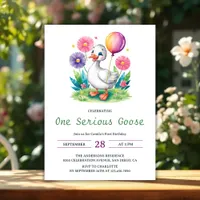 Watercolor Floral One Serious Goose First Birthday Invitation