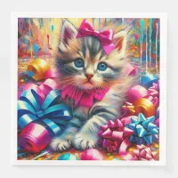 Cute Pink and Blue Kitten Girl's Birthday Paper Dinner Napkins