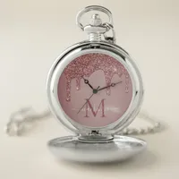 Elegant Rose Gold Sparkle Glitter Drips Monogram Pocket Watch