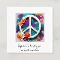 *~* White QR Peace Sign Flowers Grunge Boho AP57 Square Business Card