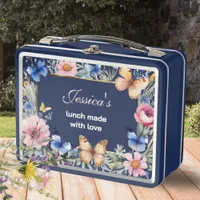 Elegant Floral Retro Pretty Navy Blue Personalized Metal Lunch Box