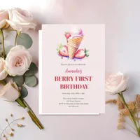 Strawberry ice cream 1st birthday berry first invitation