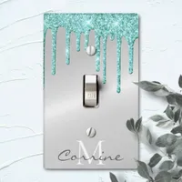 Monogram Metallic Silver & aqua blue Glitter drips Light Switch Cover