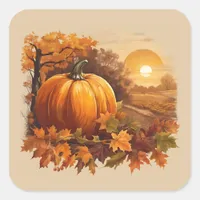 Autumn Fall Sunset Scene with Pumpkin Square Sticker