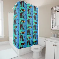 Chic Elegant Cats Pattern in Aqua Blue Shower Curtain